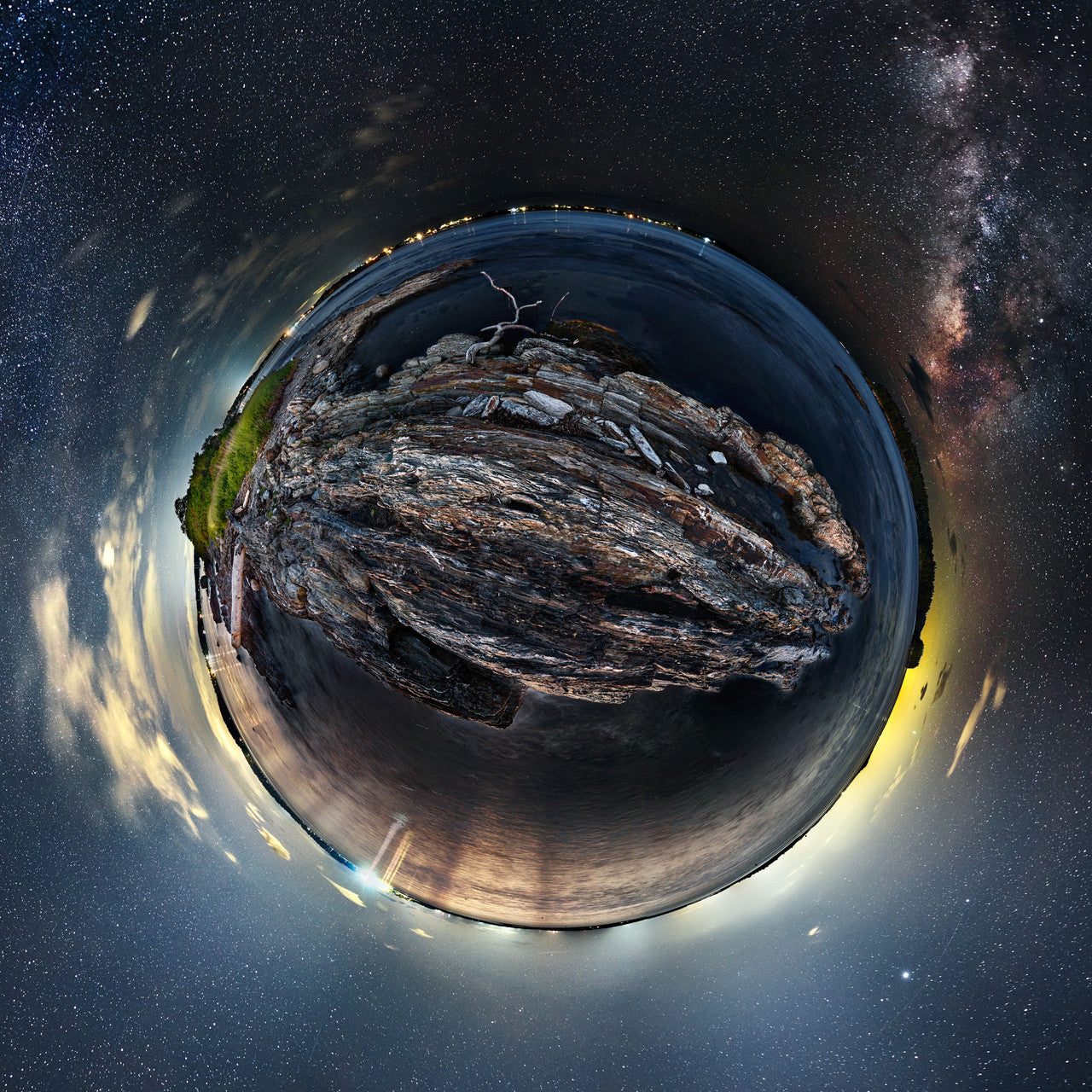 A 360-degree nighttime panoramic Spherescape capturing Potts Point in Harpswell, Maine, featuring the Milky Way's arc over a rocky landscape with a color palette of deep space blues, earthy browns, and twinkling starlight