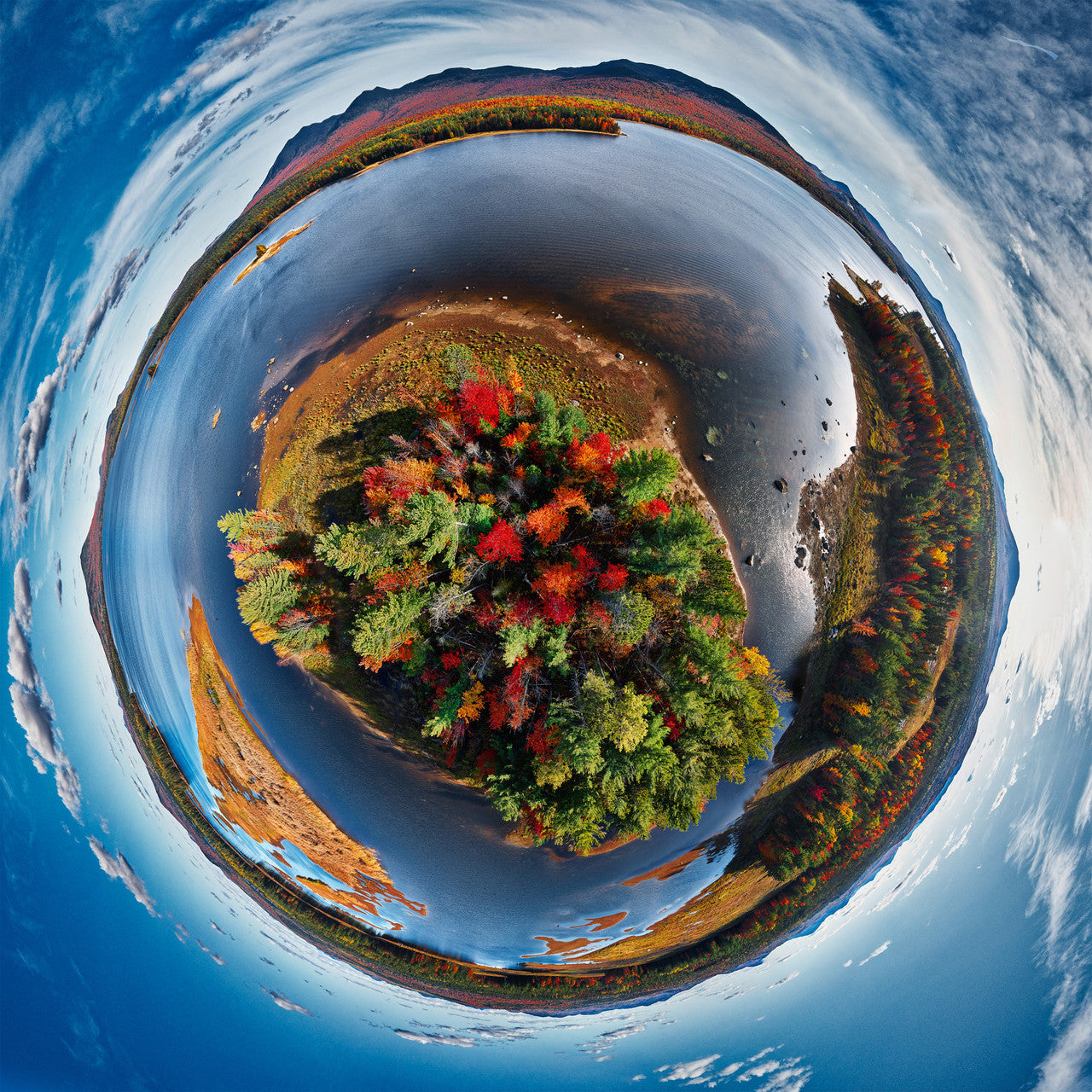 Spherical panoramic photograph of Flagstaff Lake, featuring an autumn-colored island at center surrounded by reflective waters, with vibrant fall foliage and mountains creating a perfect circular landscape beneath a dramatic sky.