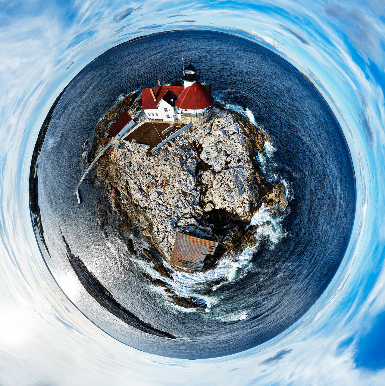 360 panorama of Cuckolds Light in Newagen, Maine, capturing the lighthouse surrounded by a panoramic view of the sea and sky in a mesmerizing circular composition