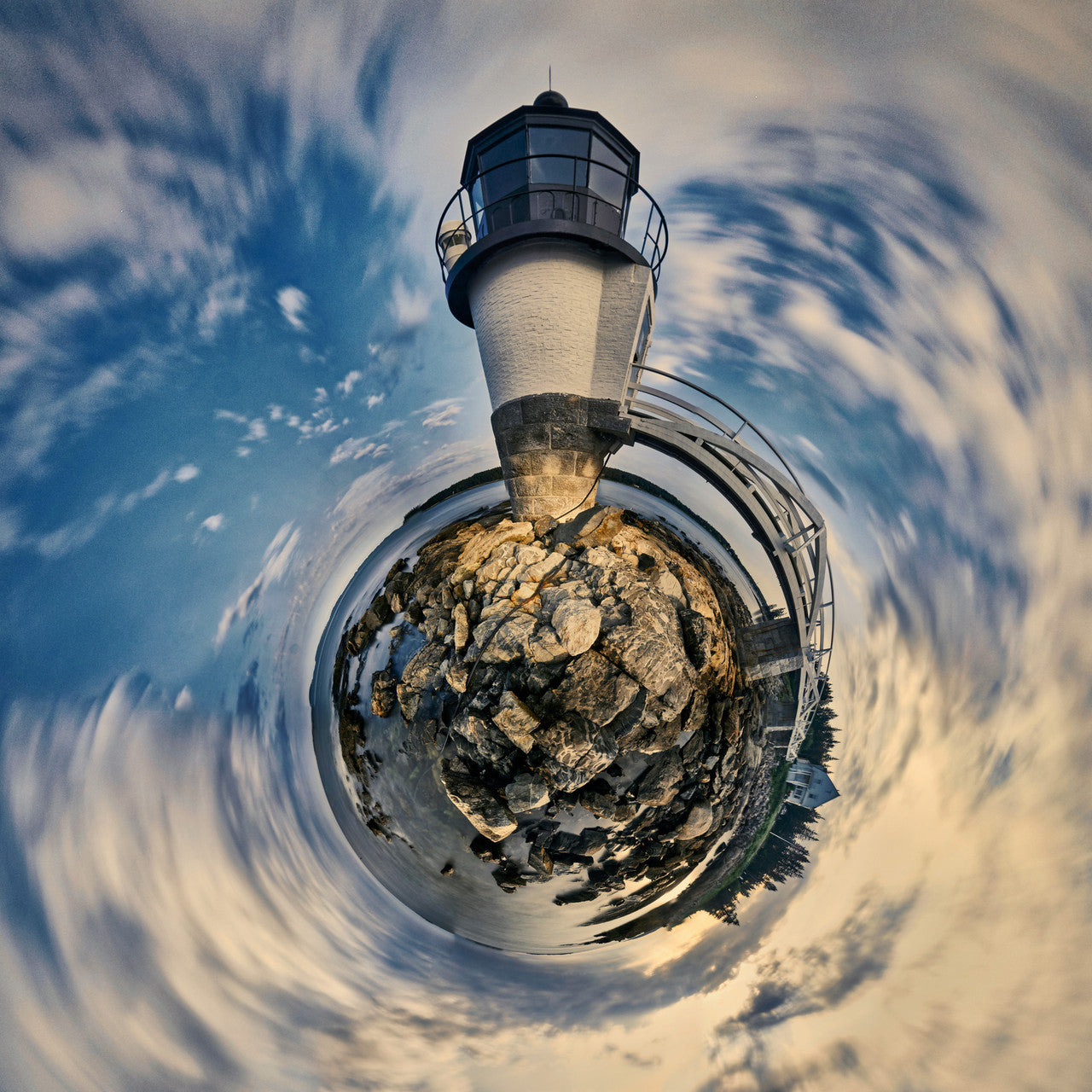 360 panorama of Marshalls Point at dawn with a serene blend of sunrise hues, the steadfast lighthouse, and the tranquil Gulf of Maine
