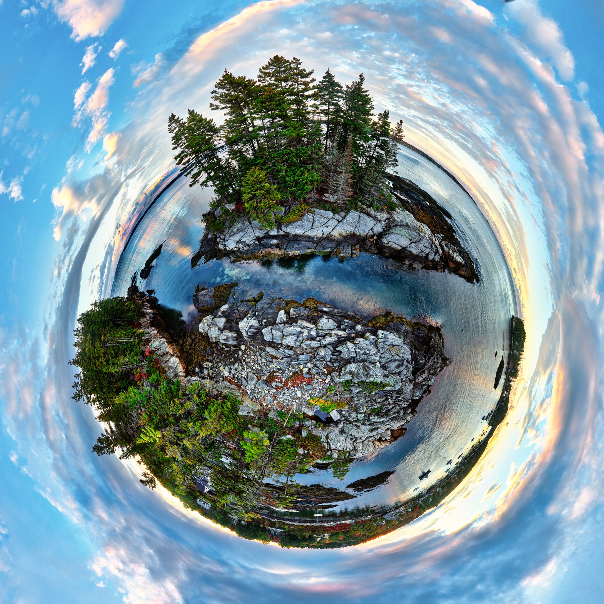 Five Islands Maine tiny planet, Maine coastal spherescape, rocky pine island photo, Five Islands harbor wall art, Maine coastline 360 print, circular panoramic seascape, pine trees on granite shore artwork, nautical home decor, Maine island aerial photography, Michael James Murray Spherescape