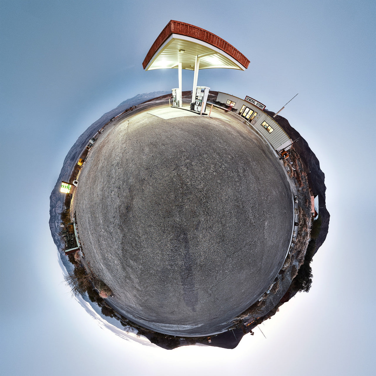 360-degree panoramic view of "The General Store" in Death Valley, California, captured during the blue hour with surrounding desert landscape.