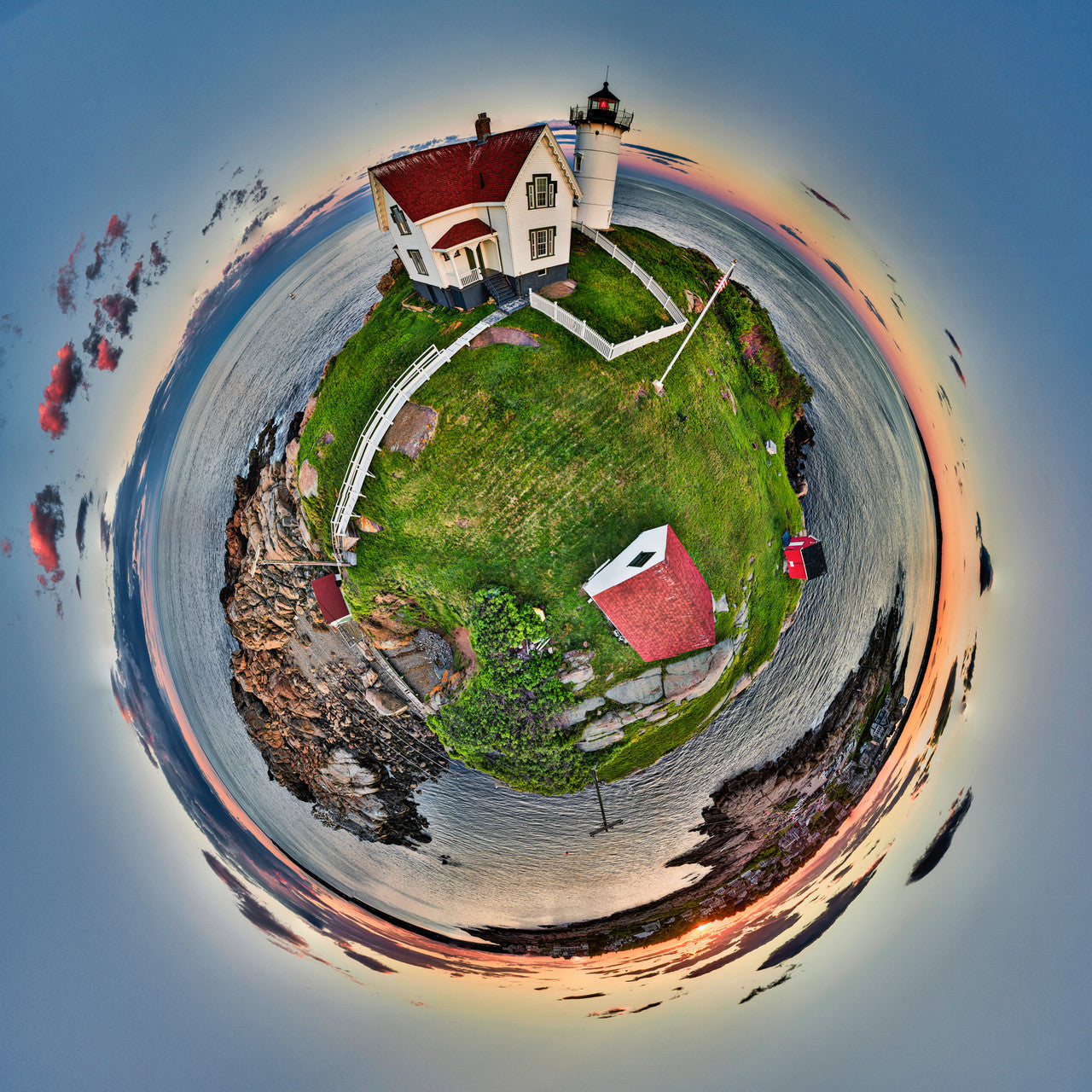 Sunset Spherescape capturing Nubble Light in Cape Neddick, Maine, where the sky's fading light meets the steadfast lighthouse