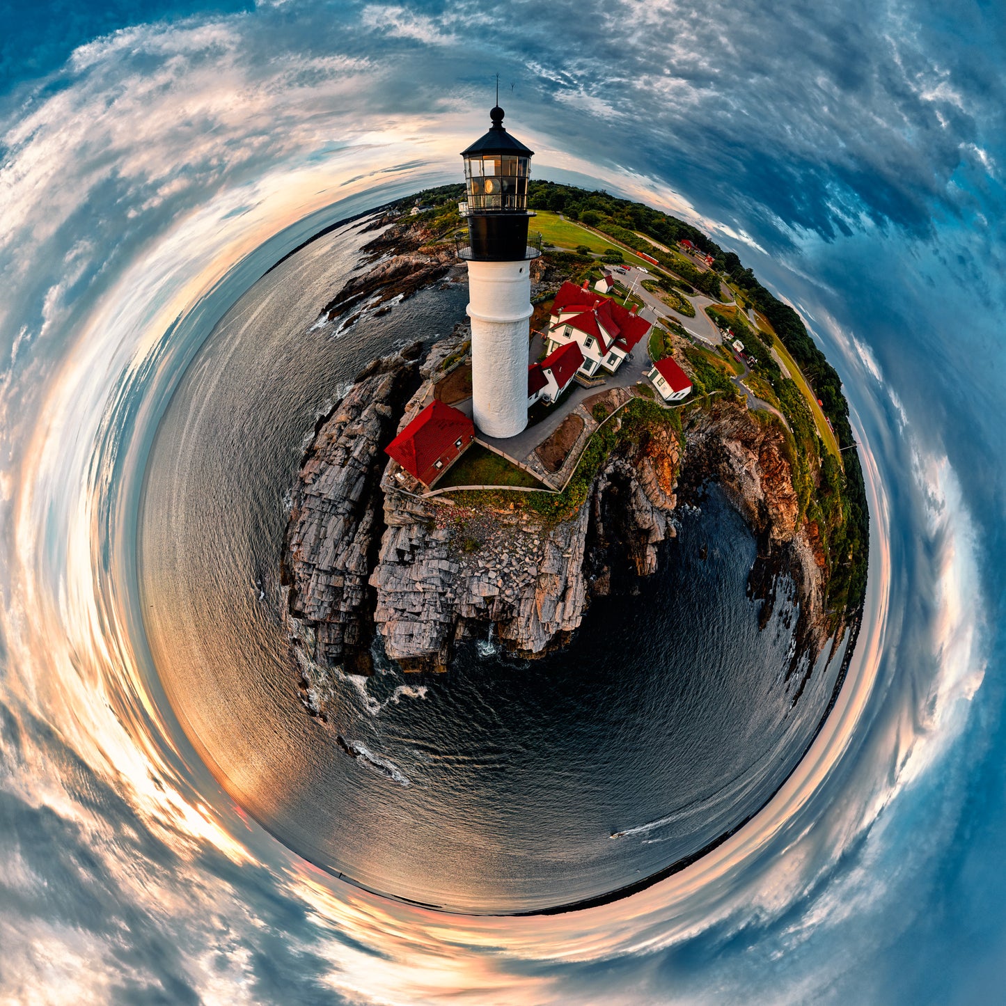 360-degree “tiny planet” image of Portland Head Light at sunrise, with the white lighthouse and red-roofed buildings perched on rugged cliffs surrounded by circular ocean and dramatic blue-orange sky.