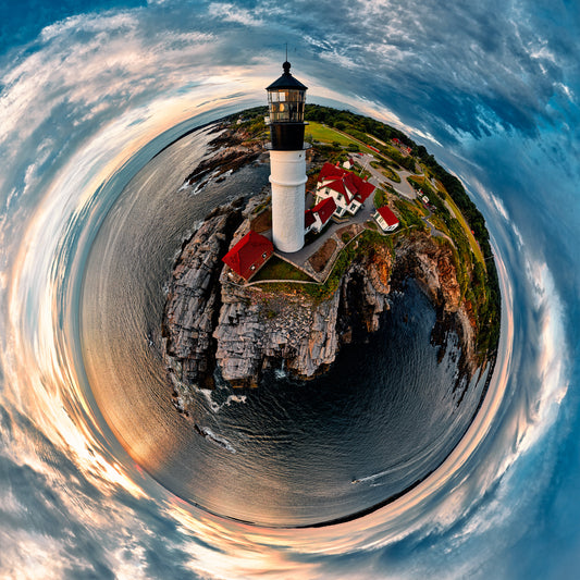 360-degree “tiny planet” image of Portland Head Light at sunrise, with the white lighthouse and red-roofed buildings perched on rugged cliffs surrounded by circular ocean and dramatic blue-orange sky.